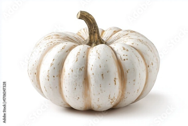 Fototapeta A beautifully crafted white pumpkin with distinct ribbing and a rustic stem showcased against a clean, neutral background, perfect for autumn decorations and seasonal themes.