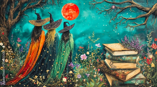 Fototapeta Mystical night scene three witches under glowing red moon