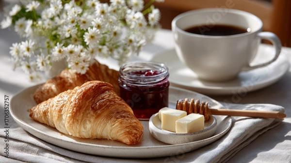 Fototapeta Delicious Breakfast with Croissants and Coffee
