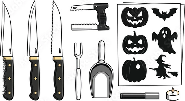 Obraz Carving tools and halloween stencils for pumpkin decorating on a white background