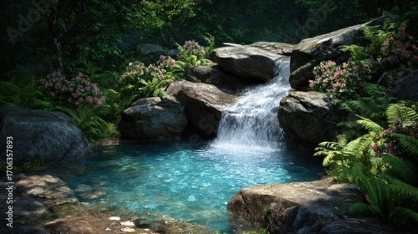 Obraz Serene Waterfall Oasis with Lush Greenery and Pink Flowers