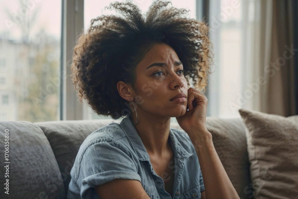 Obraz Stressed black woman with sad expression sitting on sofa at home looking outside and thinking bad problems on life. Woman feels depression