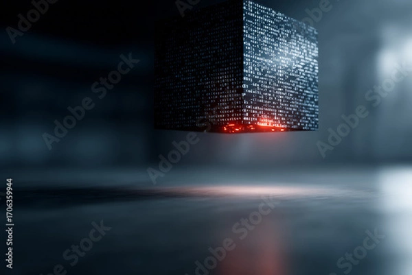 Fototapeta Mysterious Floating Cube with a Textured Surface and Glowing Edges

