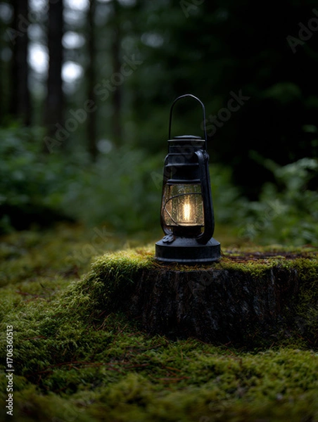 Fototapeta Vintage Lantern Glowing on a Mossy Stump in a Forest Setting

