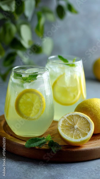 Fototapeta Refreshing Lemonade with Fresh Mint and Slices of Lemon

