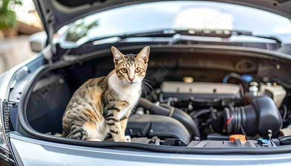 Obraz A calico cat sits inside a car's open hood, looking directly at the viewer