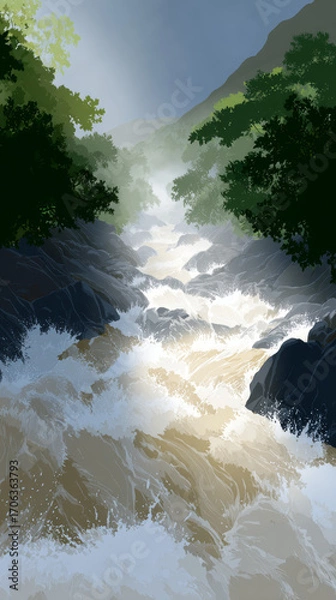Fototapeta Dynamic River Landscape with Cascading Water and Lush Greenery

