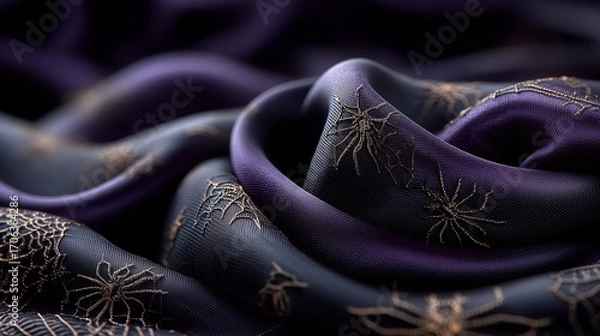 Fototapeta Halloween Gothic Silk Background with Golden Spiderwebs Pattern