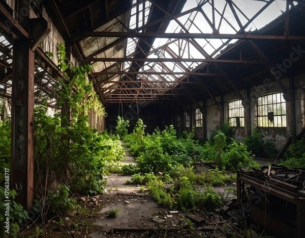 Fototapeta Abandoned factory overrun with vegetation.  Rusty metal roof, overgrown floor