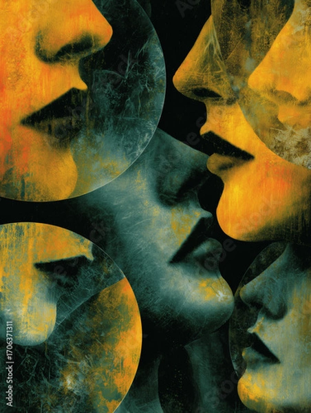 Fototapeta Abstract Fragmented Faces and Lips in Circles, Psychology and Narcissism Theme