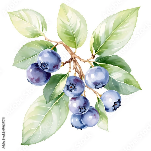 Fototapeta A beautiful watercolor illustration of a cluster of ripe blueberries on a branch surrounded by fresh green leaves, perfect for food and health-related projects