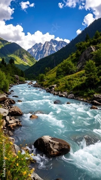 Fototapeta Mountain river flows through lush valley