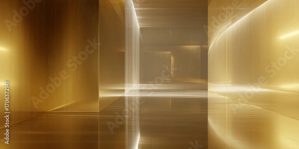 Fototapeta Futuristic Golden Hallway with Sleek Reflective Walls and Symmetrical Lighting Design
