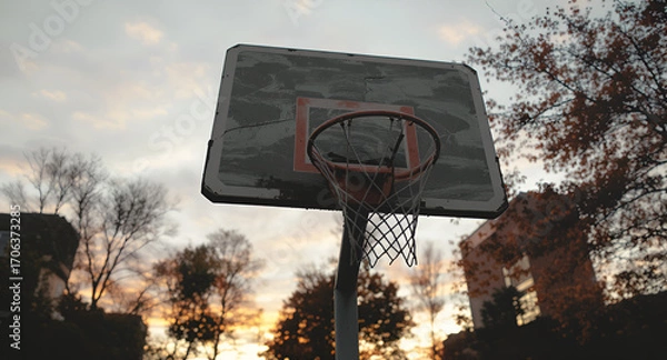 Fototapeta An Old Basketball Hoop and Backboard Stand Silhouetted Against a Cloudy Sunset Sky Amidst Autumn Trees and Buildings