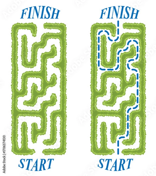 Fototapeta Green vertical hedge maze vector Illustration. Top view of the open air rectangular labyrinth made of garden bushes and grass. Education logic game for kids isolated on white backdrop.