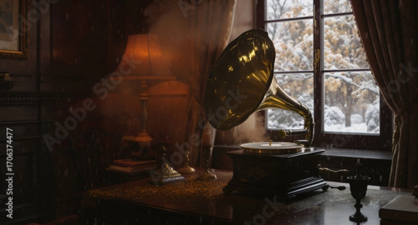 Fototapeta Antique Gramophone on a Table with Snow Falling Outside a Window in a Dimly Lit Room