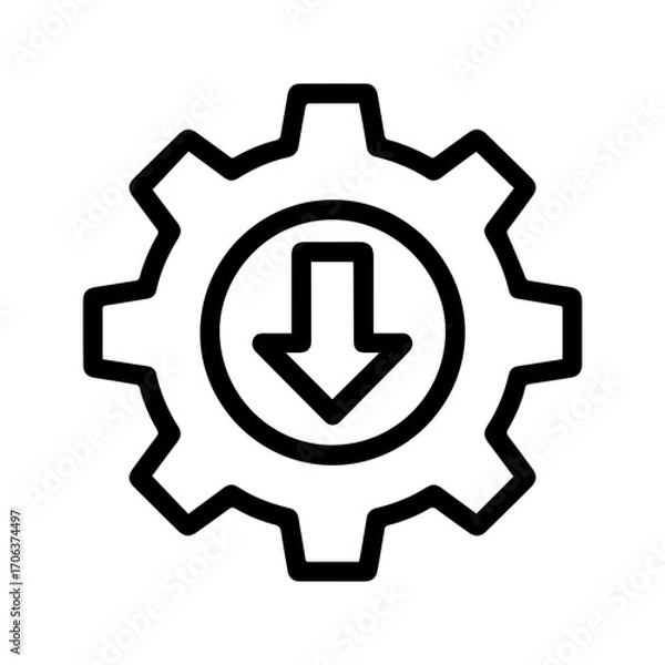 Fototapeta Modern gear icon with a downward arrow, symbolizing download or process completion, perfect for tech and design projects.