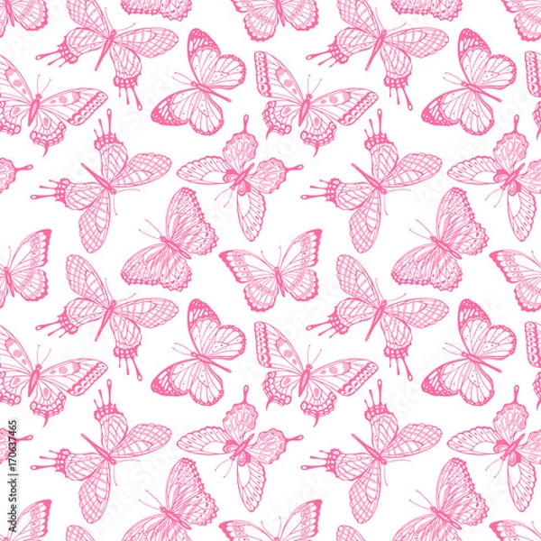 Fototapeta seamless sketch pink butterflies