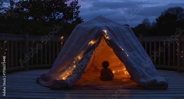 Fototapeta Child Enjoys Magical Evening in Cozy Blanket Tent Illuminated by Twinkling Fairy Lights on Deck