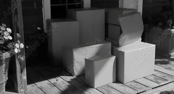 Fototapeta Moving Day Boxes Stacked on a Wooden Porch with Flowers in a Pot Next to a Shuttered Window