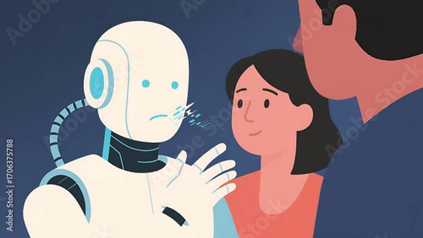 Fototapeta Robot Interacting with Two Humans, Showing Emotional Nuance and Technological Communication