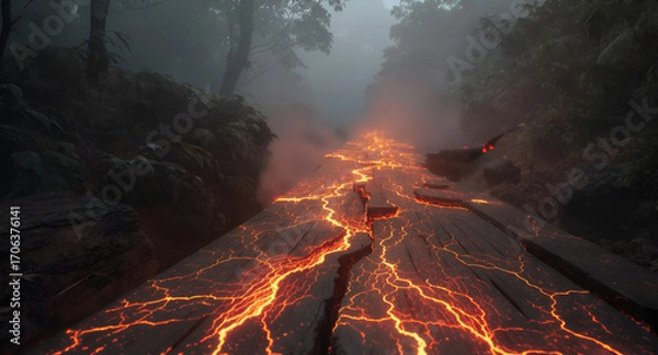 Fototapeta Fiery Lava Flow Through a Misty, Enchanted Forest, Illuminating the Dark Woods