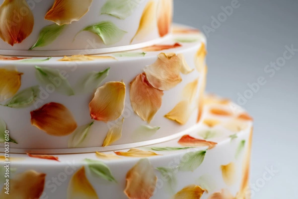 Fototapeta A close-up of an elegant tiered wedding cake adorned with hand-painted orange blossom floral designs
