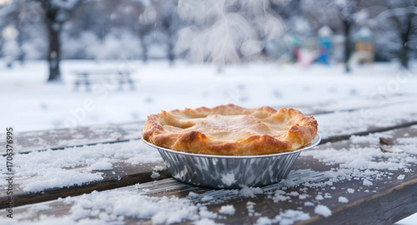 Fototapeta Warm Apple Pie Steaming on a Snowy Park Bench in a Winter Wonderland