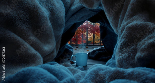Fototapeta Cozy Scene of Steaming Coffee Mug on Deck Amidst Autumn Foliage Visible Through Blanket Tunnel