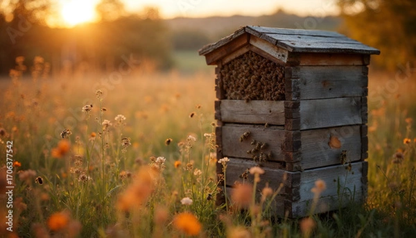 Fototapeta Rustic Wooden Beehive in a Meadow at Golden Hour with Bees Flying Among Wildflowers, Evoking Nature and Tranquility
