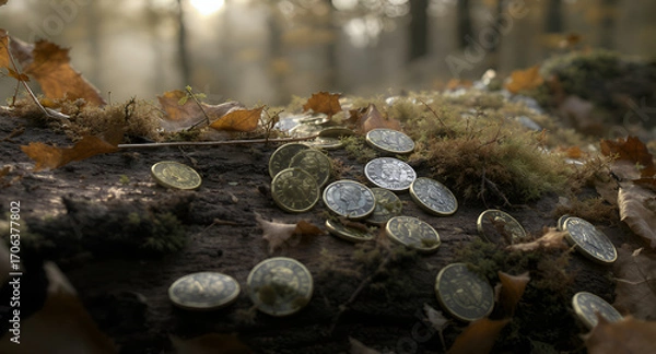 Fototapeta Scattered Ancient Coins on Mossy Log in a Sun dappled Forest