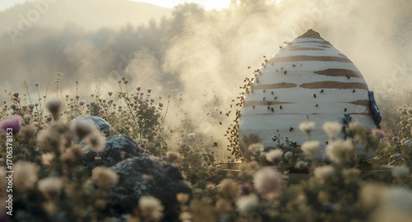 Fototapeta Swarm of Honeybees Visiting a Striking White and Brown Striped Apiary in a Misty Meadow with Wildflowers and Rocks