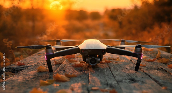 Fototapeta Drone Resting on a Wooden Surface Amidst Autumn Leaves During a Golden Sunset
