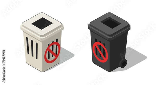 Fototapeta Isometric recycling bins with red prohibition sign on white background