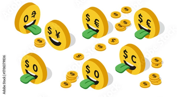 Fototapeta Isometric emoji faces with currency symbols displaying greed and wealth
