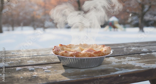 Fototapeta Steaming Hot Apple Pie on a Snowy Picnic Table in a Winter Park Setting with Blurred Trees and Playground Background