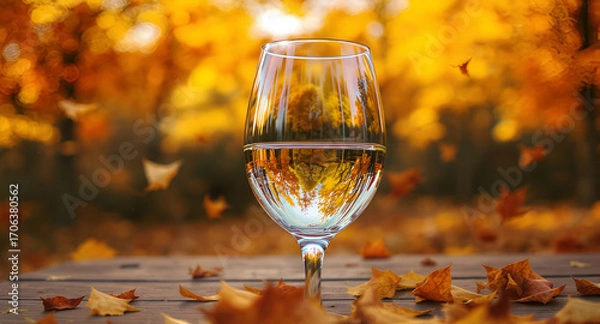 Fototapeta Elegant Wine Glass Reflecting Autumn Trees and Falling Leaves on a Wooden Table