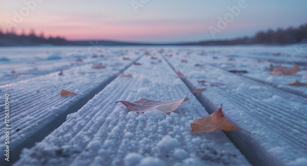Fototapeta Wooden Pier Covered in Frost and Fallen Leaves Under a Soft Pink and Blue Dawn Sky