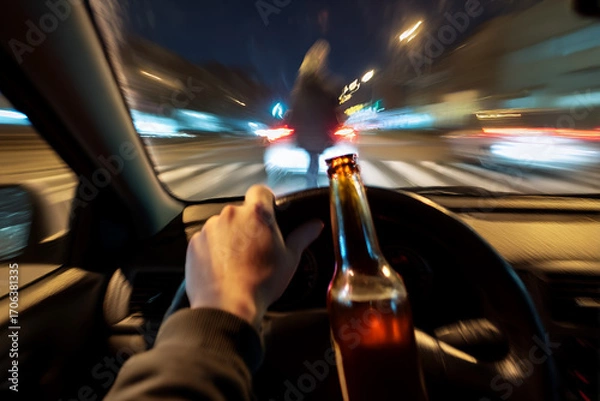 Obraz Anti-drunk driving ad: intoxicated driver's distorted view of road with alcohol bottle visible.