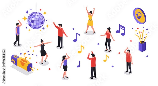 Fototapeta Isometric party dance scene with music notes and disco elements