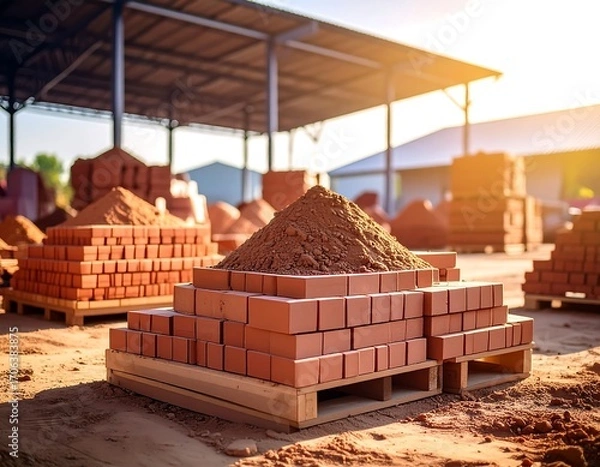 Fototapeta Red bricks and soil piled outdoors