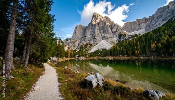 Obraz Mountain lake path autumn