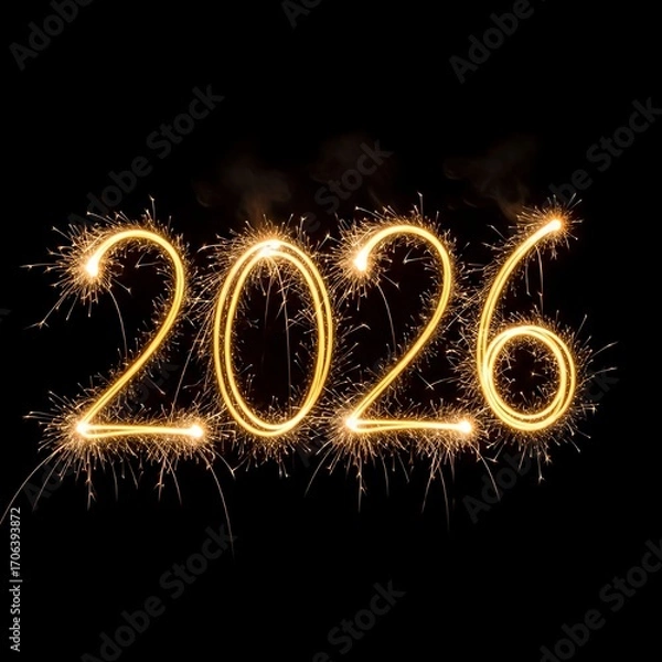 Fototapeta Sparkling 2026 new year wishes with vibrant golden light on black background