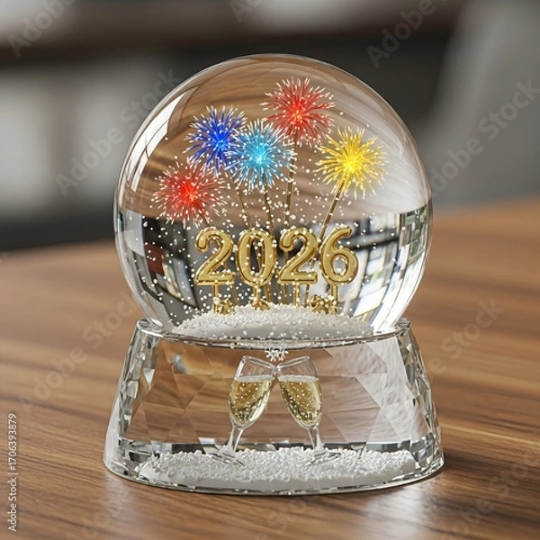 Fototapeta Celebrate the upcoming year 2026 with fireworks and champagne in a snow globe