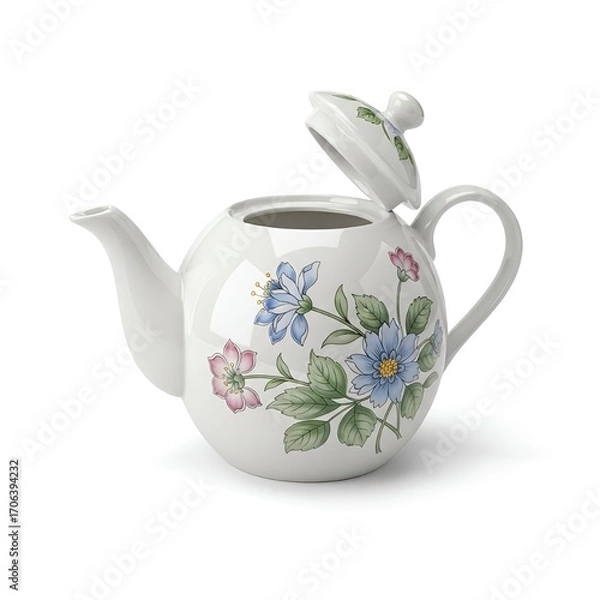Fototapeta Elegant floral teapot with open lid ready for tea time, a timeless design on white