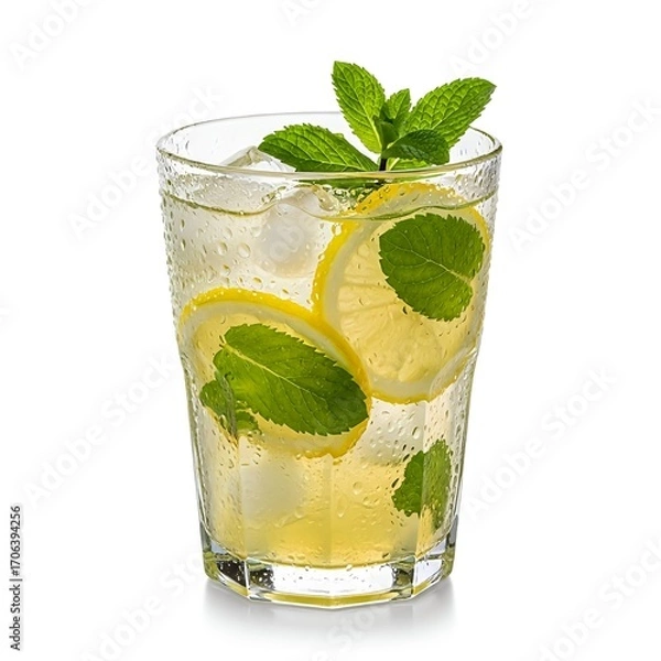 Fototapeta Refreshing lemon drink with mint and ice is perfect for summer days or healthy lifestyle