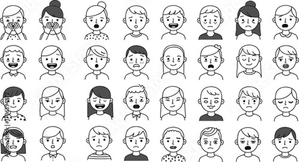 Fototapeta Cartoon emotion faces, black and white sketch, facial expressions, character icons, mood chart, vector illustration, psychology, reaction, feeling, emotion