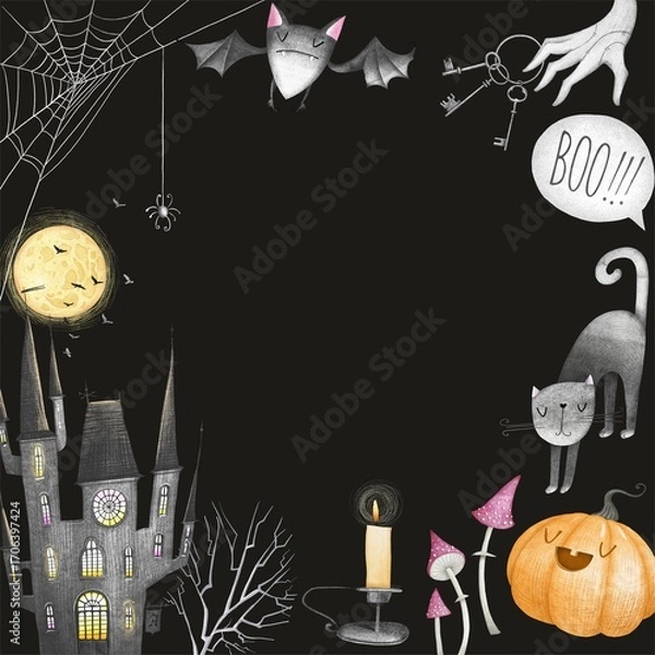 Fototapeta Square frame for halloween party invitation. Black background.