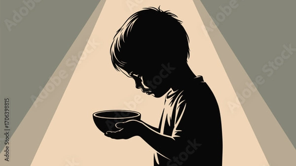 Obraz Vulnerable child holds empty bowl hoping for kindness and help with hunger in a powerful graphic