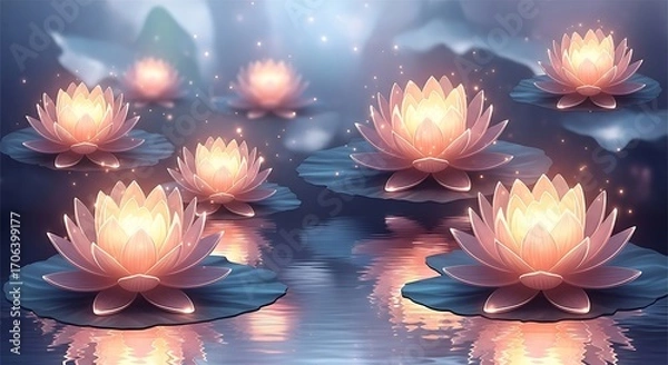 Fototapeta Enchanting glowing lotus flowers floating on a serene pond at twilight with magical sparkles
